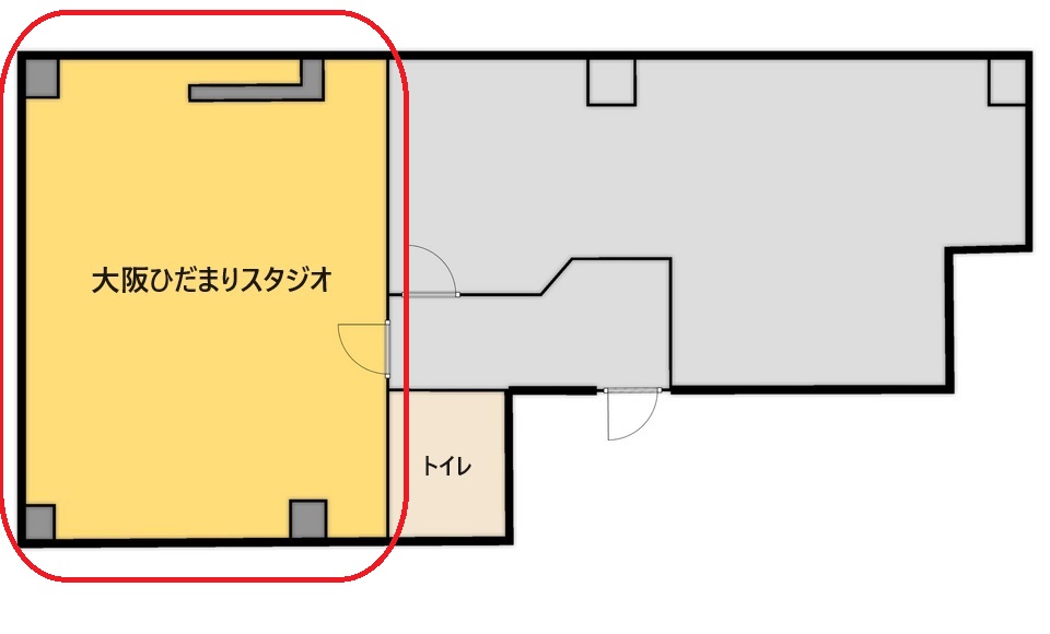 大阪ひだまりスタジオの図面。
長方形なので、ブレイクダンスを踊りやすい形です。